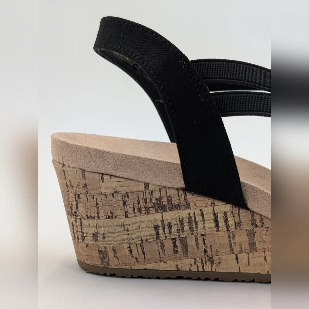 Life Stride Mallory Sz 9M Women's Black Elastic Straps Cork Texture Wedge Sandal